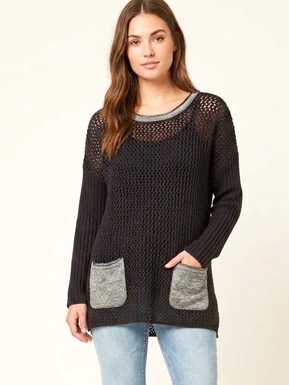 PURE Handknit ANTHROPOLOGIE Open Knit Sweater Longline Cotton Black Womens Large